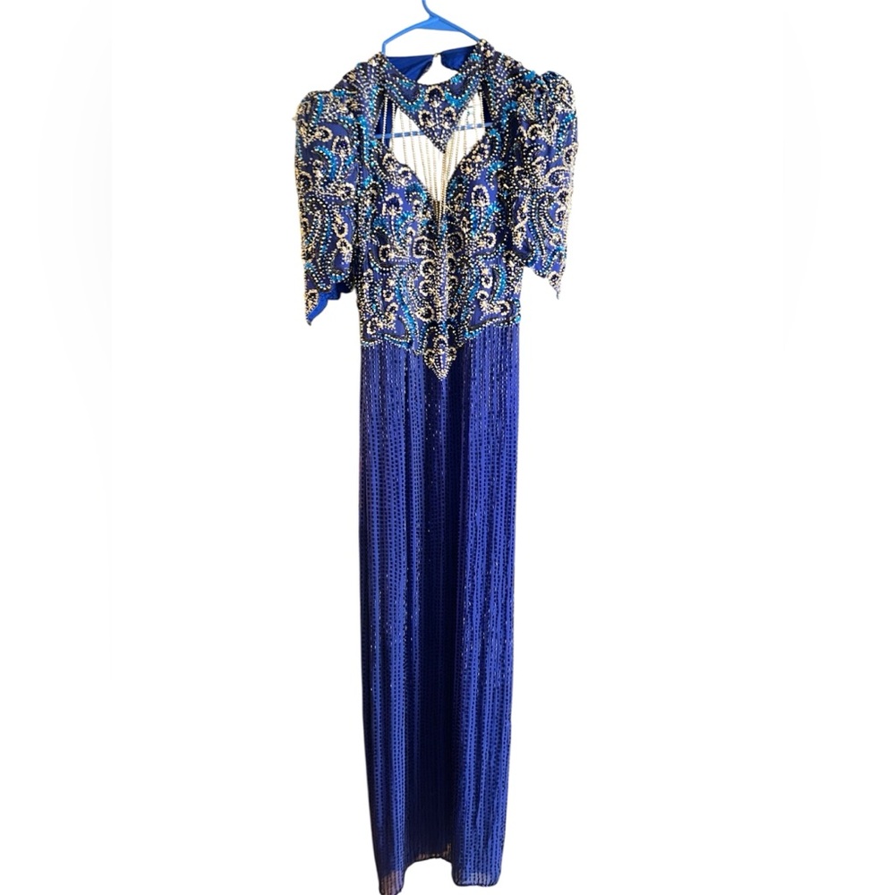 VTG Landa 100% Silk Beaded Gown – Royal Blue Sequin Maxi – Size 10